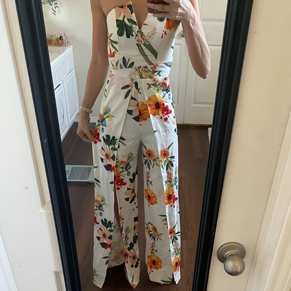 Fashion Nova white multicolor floral strapless cut outs wide leg jumpsuit - Picture 5 of 14